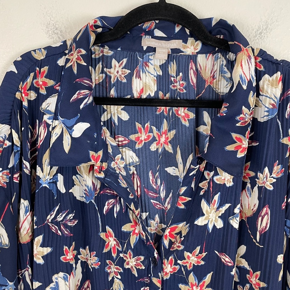 Woman Within Plus 5X 38/40 Short Sleeve Button Up Blouse Floral Pleated Shirt - Picture 2 of 10